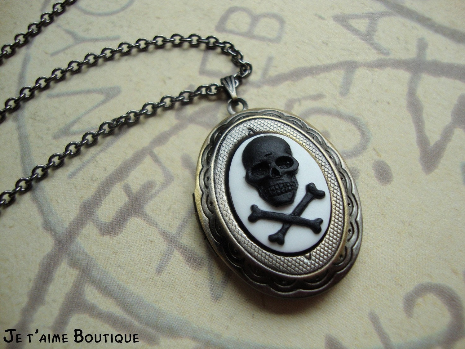 BAD to the BONE - Macabre Skull and Crossbones Cameo Locket Necklace Dead Grave Graveyard Skeleton Swarovski Crystal Black White Gunmetal