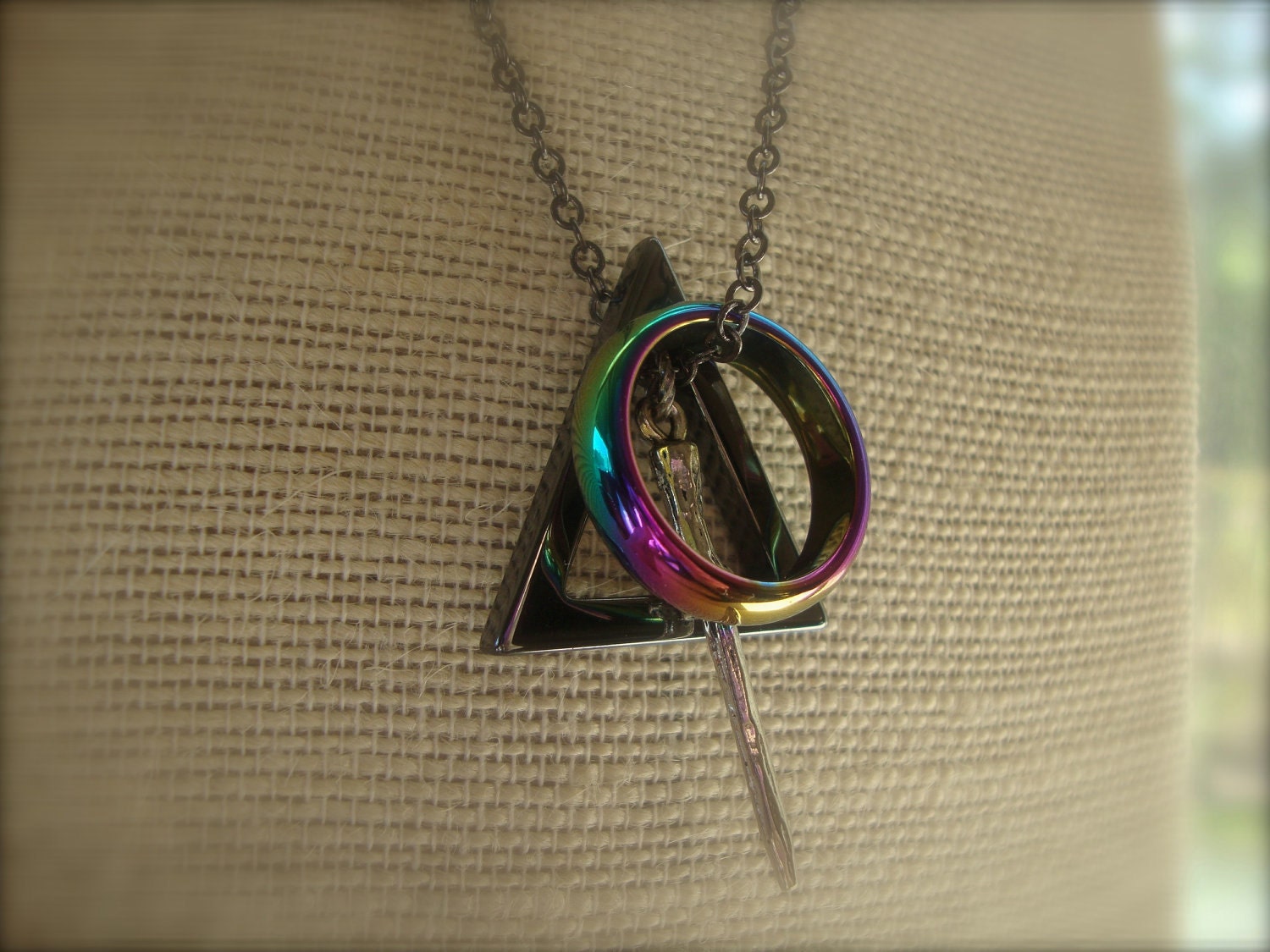 DEATHLY HALLOWS III - Unisex Wizard Inspired Deathly Hallows Necklace With Iridescent Hematite Ring Gunmetal Three Peverell Brothers