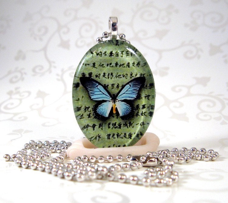 Butterfly  Glass Tile Pendant Necklace 0010