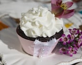 Pale Pink Cupcake Wrappers with Pearls and White Lace/Bow