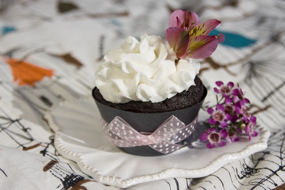 Black Cupcake Wrappers with Sheer Pink Polka Dot Ribbon