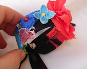 Handmade Flower Embroidered Cuff Bracelet with Ribbon Bangle