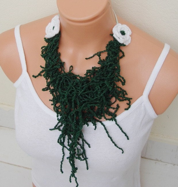 Fringe Forest Green bib necklace Fiberart  white crocket flower Spring  tree
