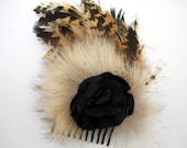 Brown tan Feather Hair Fascinator comb  fluffy black fabric flower center