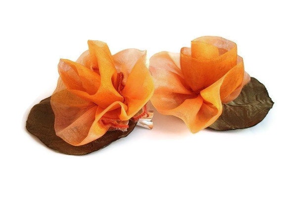 Handmade  Orange Organza Flowers Hair Clips Set