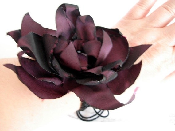 Maroon Large Wrist Flower on crochet yarn for wedding evening party bracelet cuff