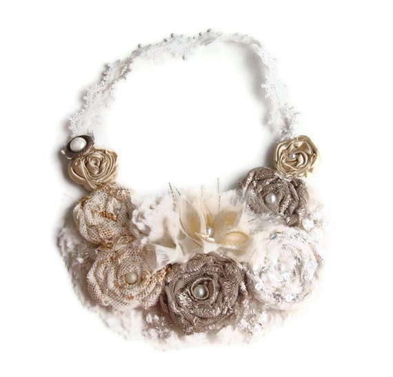 Cream and ecru  floral statement  bib necklace wedding  flower