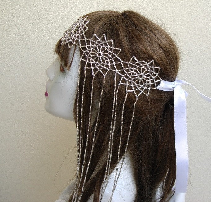 Fringed Silver Bridal Wedding Headpiece Needle art Beadwork Wedding Veil