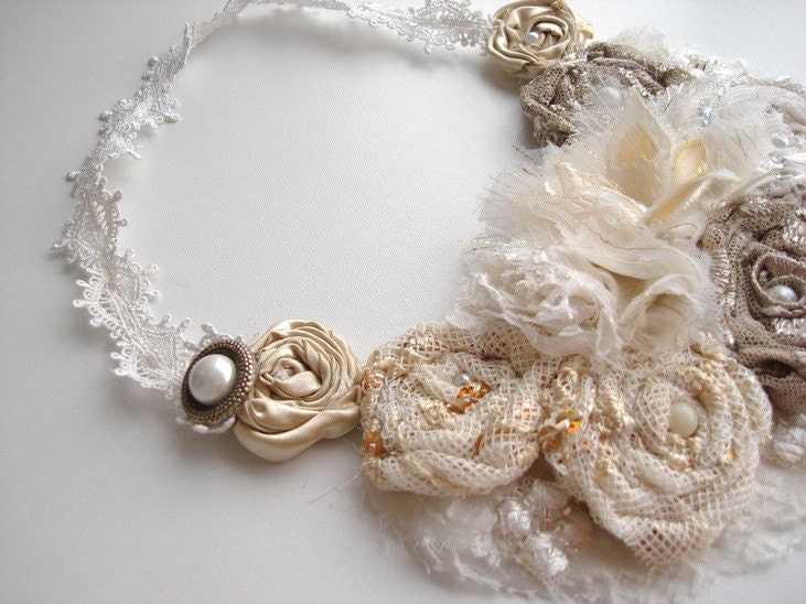 Cream and ecru  floral statement  bib necklace wedding  flower