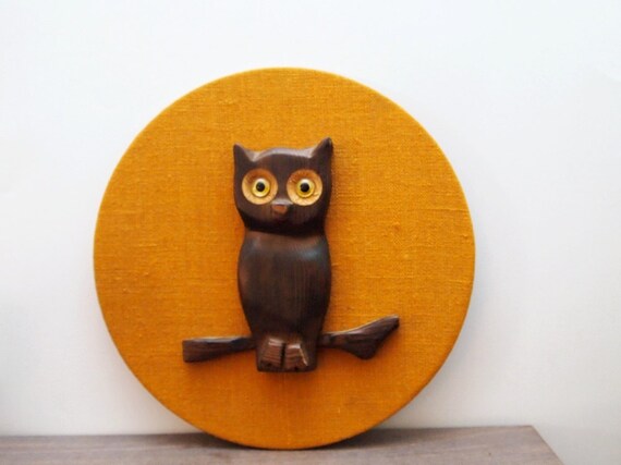 vintage Wood Owl on Orange Burlap Circle, Original by Robbie Probert