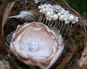 Hair Flower Rhinestone Pearl Bridal Comb Set, Champagne or choose another color Satin, clip or pin and comb, custom colors