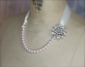 Pearl Ribbon Tie Necklace white, ivory, pink, Vintage Brooch, Rhinestone options, petite length, Custom Wedding Colors Pearls, Ribbons
