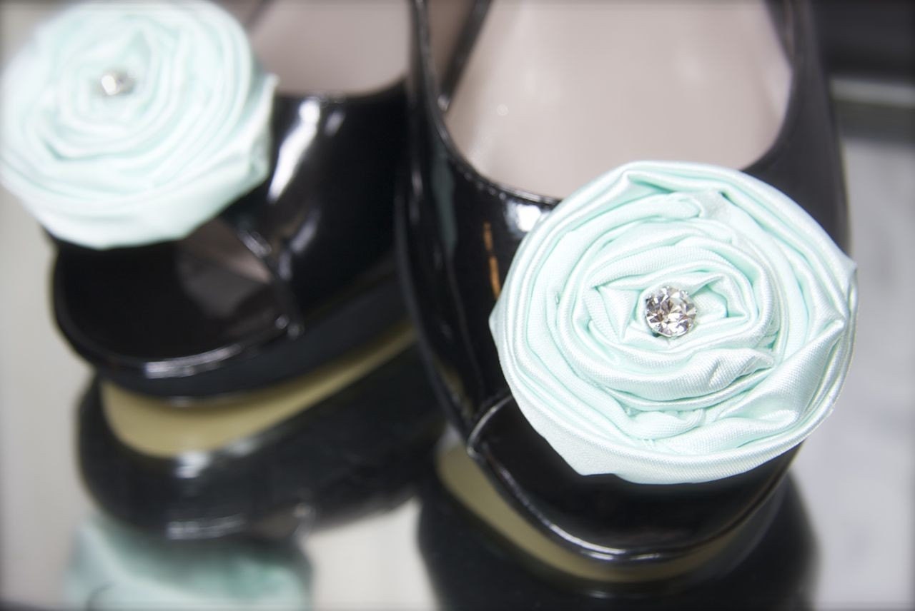 Shoe Clips, Rosettes, Tiffany Blue, Aqua Blue Satin, Rhinestone, custom colors shoe clips