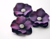 Bridesmaid Hair Clips - Wedding Hair Accessories, Set of 3 Hair Flowers, Eggplant Purple, Royal Purple, Crystal - EternalEden