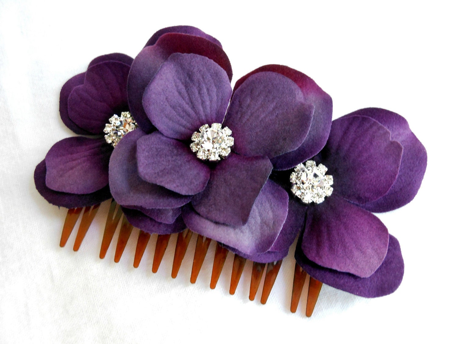 Wedding Hair Accessory - Hydrangea Hair Comb, Purple Flower, Crystal, Velvet, Eggplant, Royal Purple, Bridesmaid
