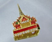 Vintage Palace Brooch.  Asian Palace.  Forbidden City.  Red Green Enamel.  Rhinestones.