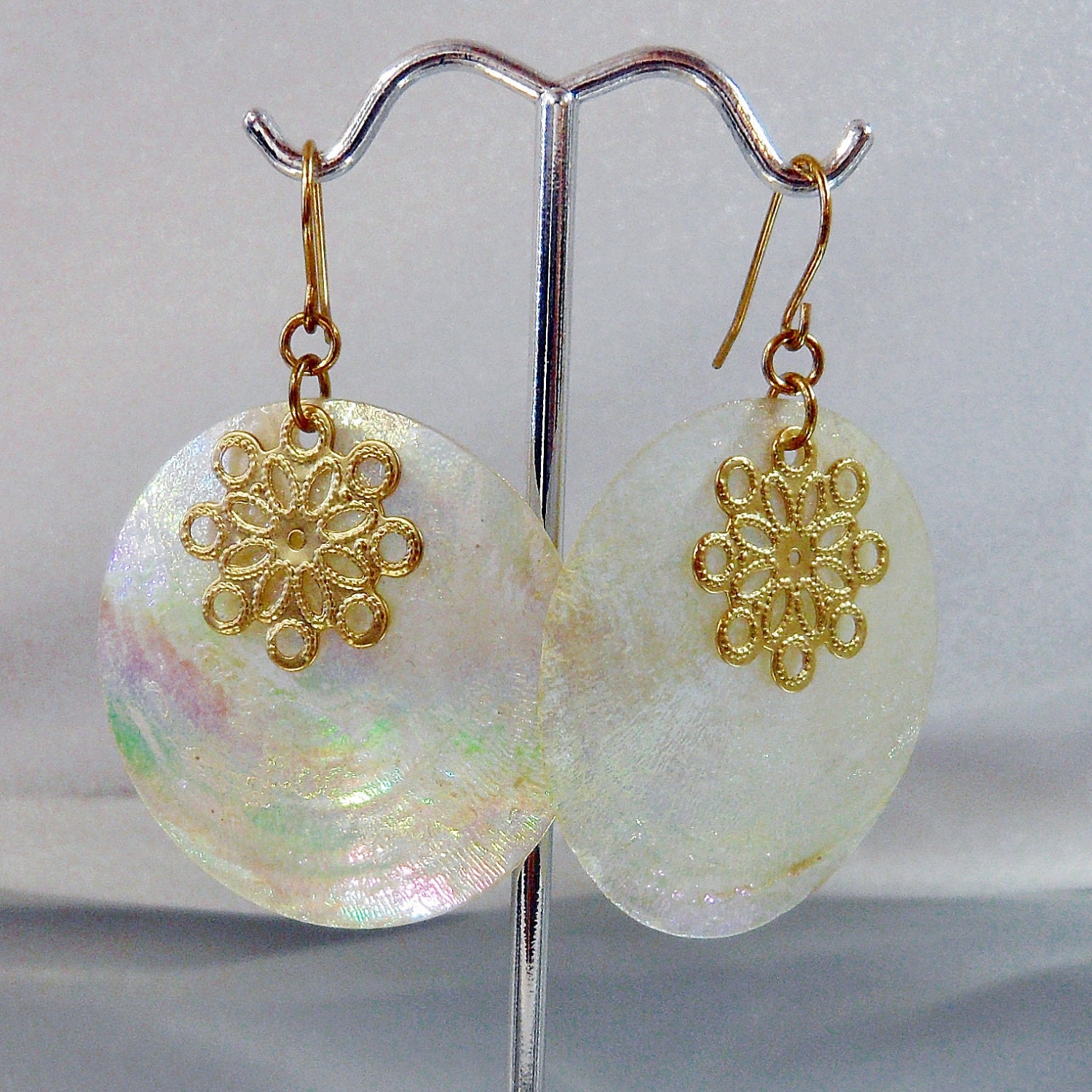 Vintage Shell Earrings.  French Hook.  Iridescent White