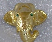 Vintage Brooch Elephant Gold and Green Rhinestone Eyes