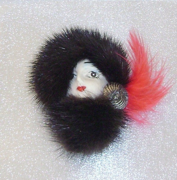 Vintage Mink Lady Brooch.  Porcelain. Feather. Black. Red.