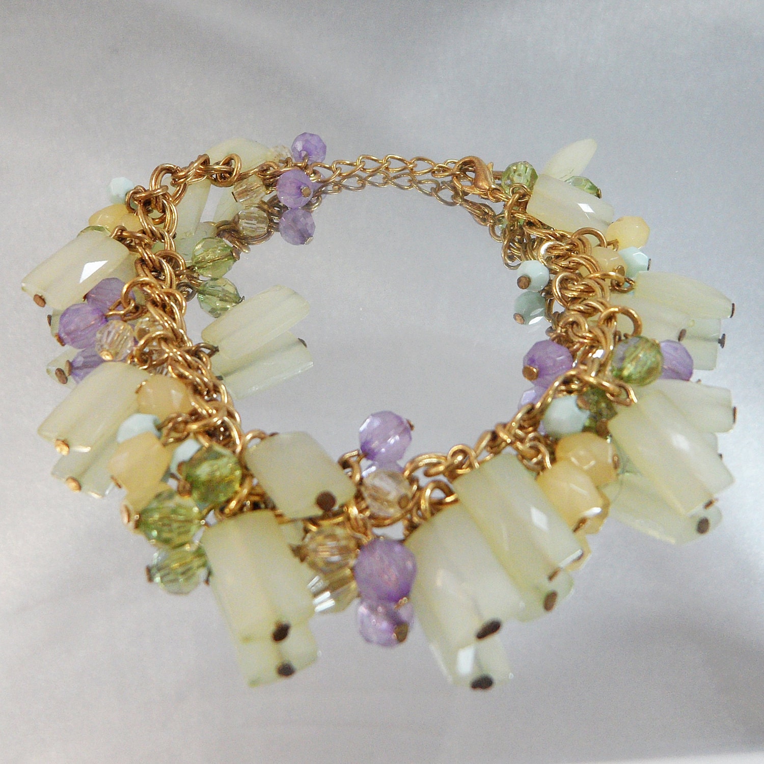 Vintage Charm Bracelet.  Frosted Beads.  Green. Mint. Purple.