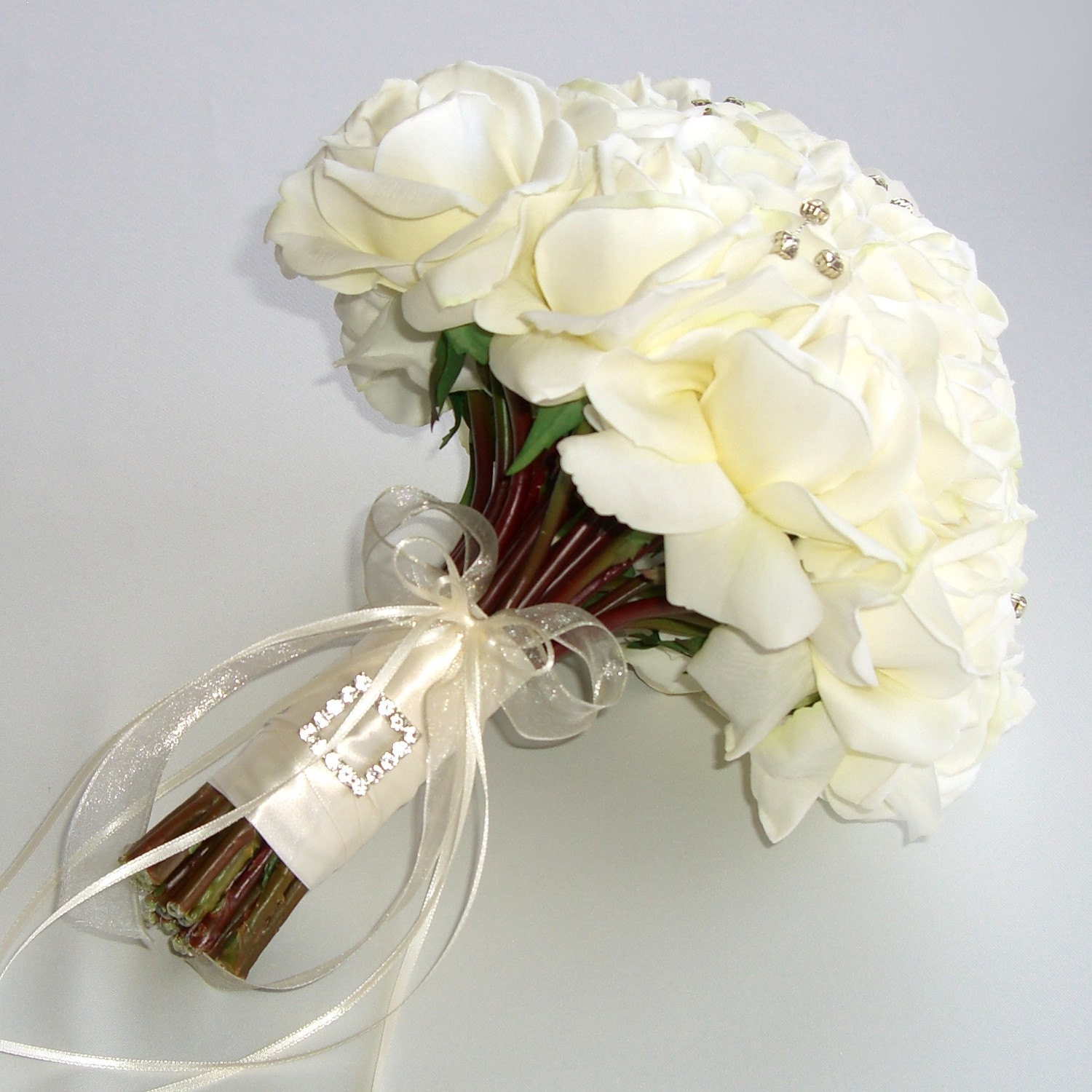 Bridal Bouquet White Roses Real Touch Silk Wedding Flowers Sparkly Crystals Rhinestones Bling - GRAND Bridal Size