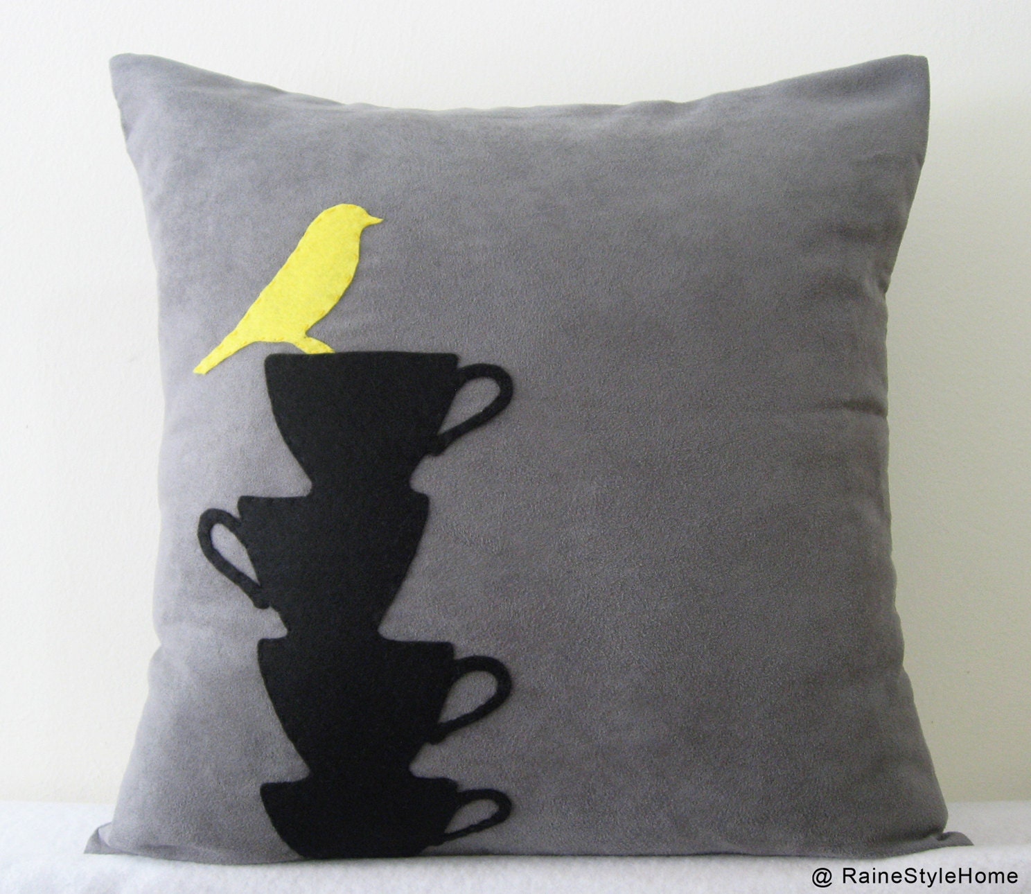 Yellow Bird Resting On Teacups Grey Pillow Cover. Modern Tea Time. Decorative