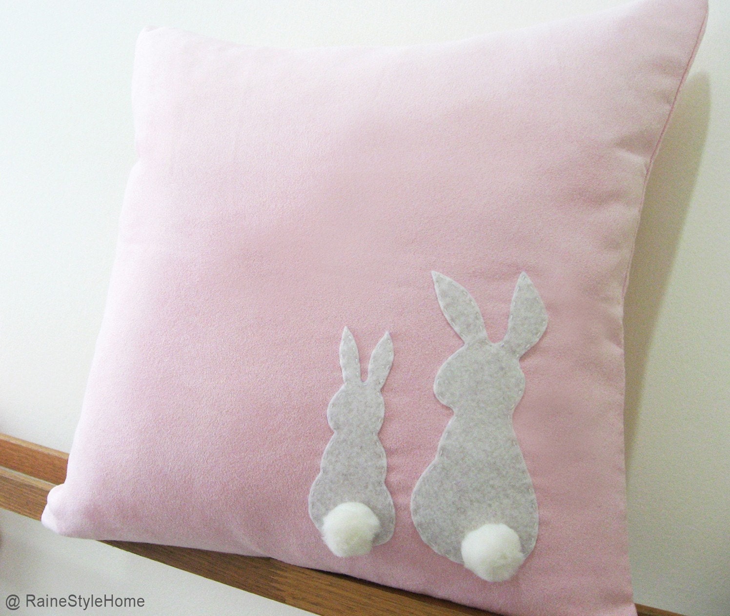 Two Little Lovely Rabbits Soft Pink Pillow Cover. Spring Summer Bunny. Pom Pom Appliques