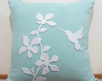 Spring Blossom Humming Bird Pale Teal and White Pillow Cover. Whimsy. Decorative Felt Appliques