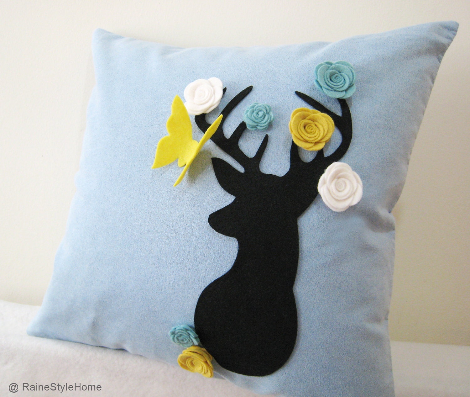 Secret Garden. Deer Dreaming Of Spring Soft Blue Pillow Cover. Decorative Whimsical Cushion