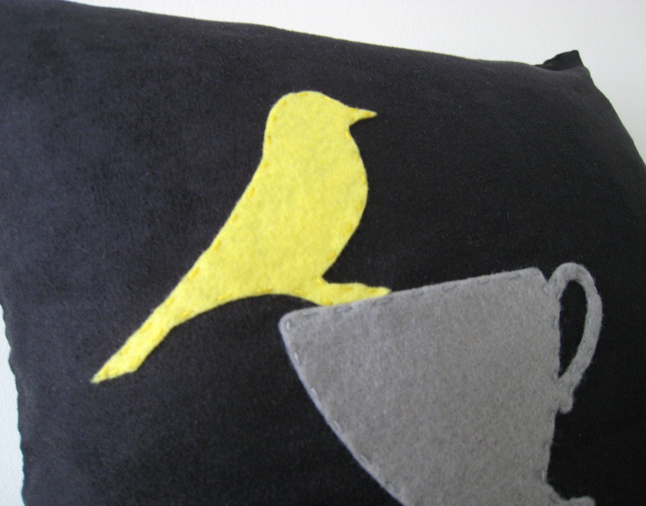 Yellow Bird Resting On Teacups Black Pillow Cover. Tea Time. Modern. Grey