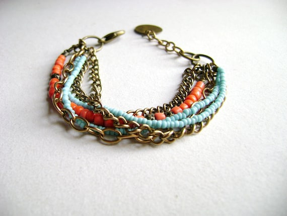 Edgy - Boho style chic orange turquoise  multiple chain bracelet etsy fashion