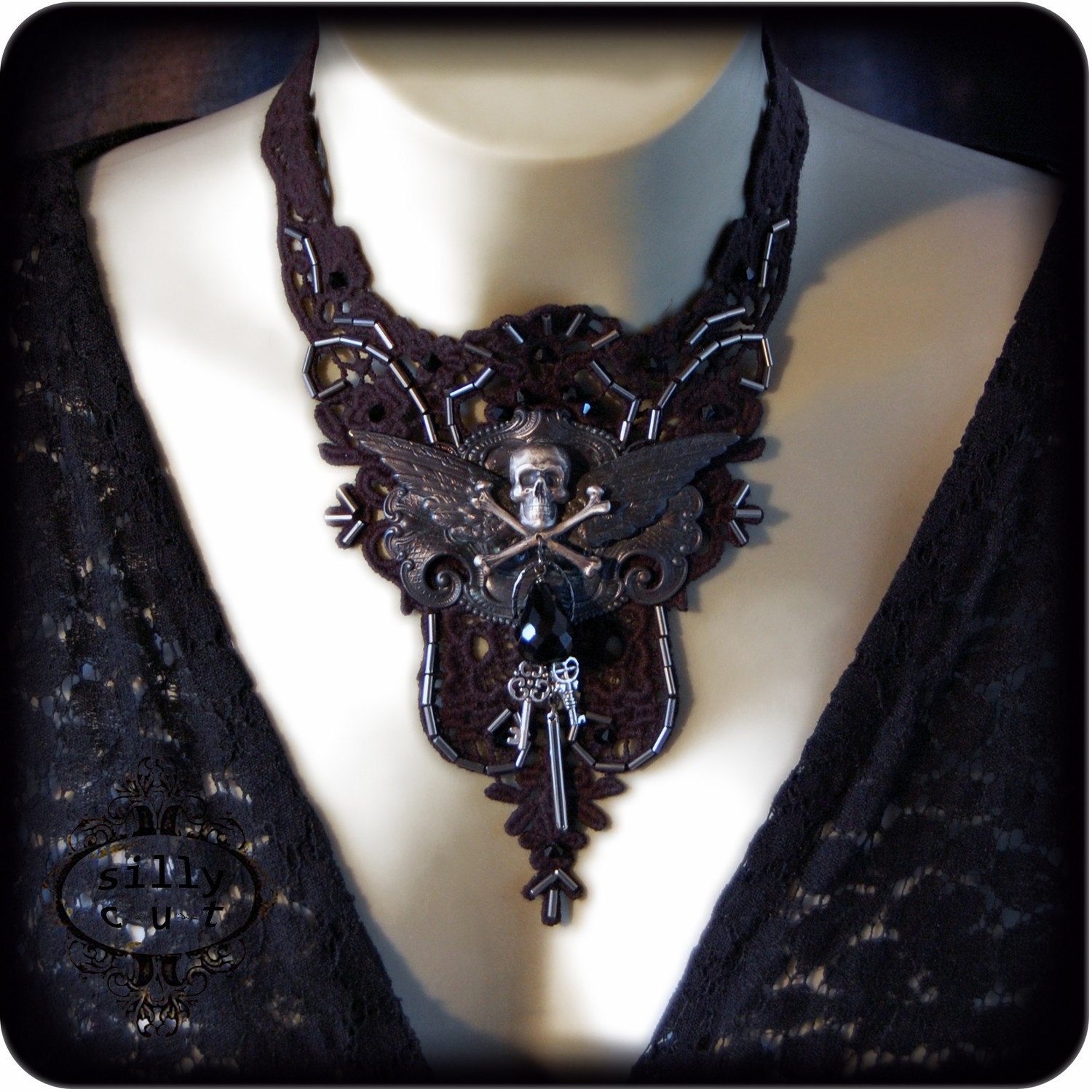 choker/necklace - UNDERWORLD - halloween, gothic, victorian ,couture, mourning, black lace, ooak, chestpiece, bib