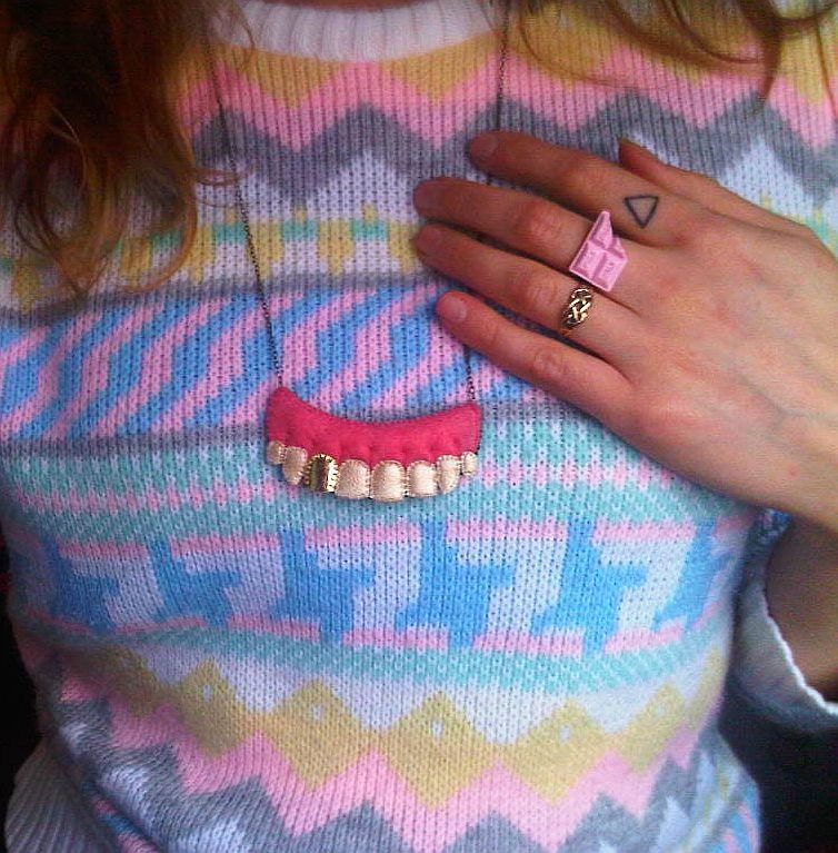 LAST ONE - Felt & Vegan Leather Necklace - Pearly Whites - MADE to Order