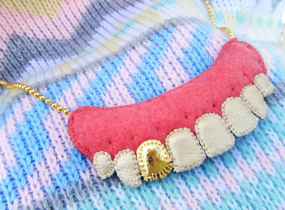 LAST ONE - Felt & Vegan Leather Necklace - Pearly Whites - MADE to Order