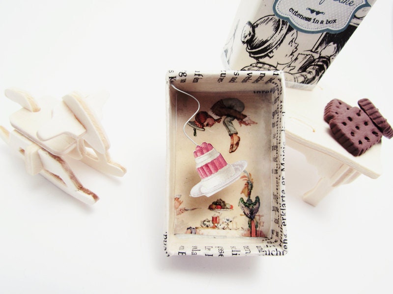 Handmade shadow box frame -The Flying Cake in a Matchbox-