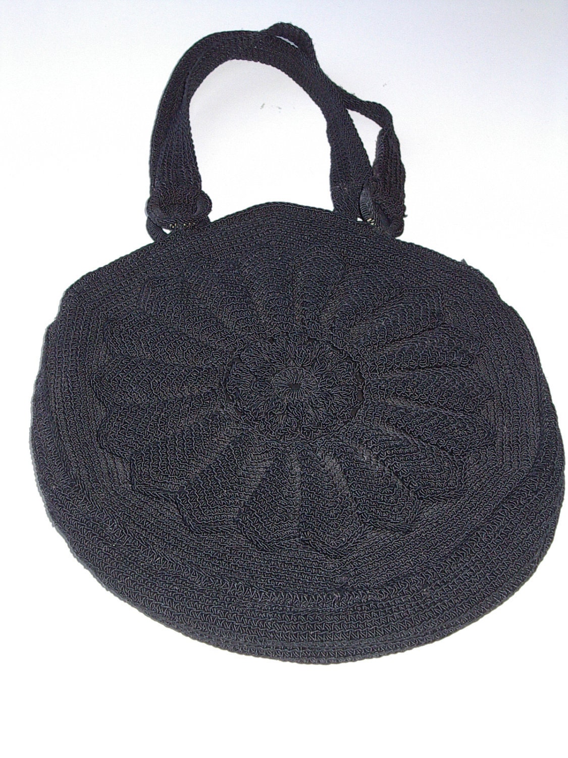 1940s Vintage Handmade Black Corde' Crochet Ladies Evening Bag - Purse - Handbag