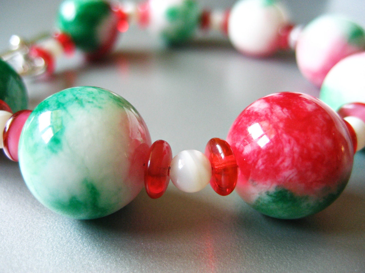 Watermelon / Bright Honeysuckle Pink with Green Beads with Glass Rondelle and Milky White Round Bracelet - One of a Kind