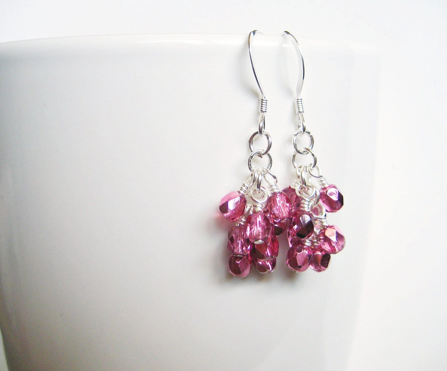 Pink Earrings Honeysuckle Mirrored Czech Glass / Pink and Glitter