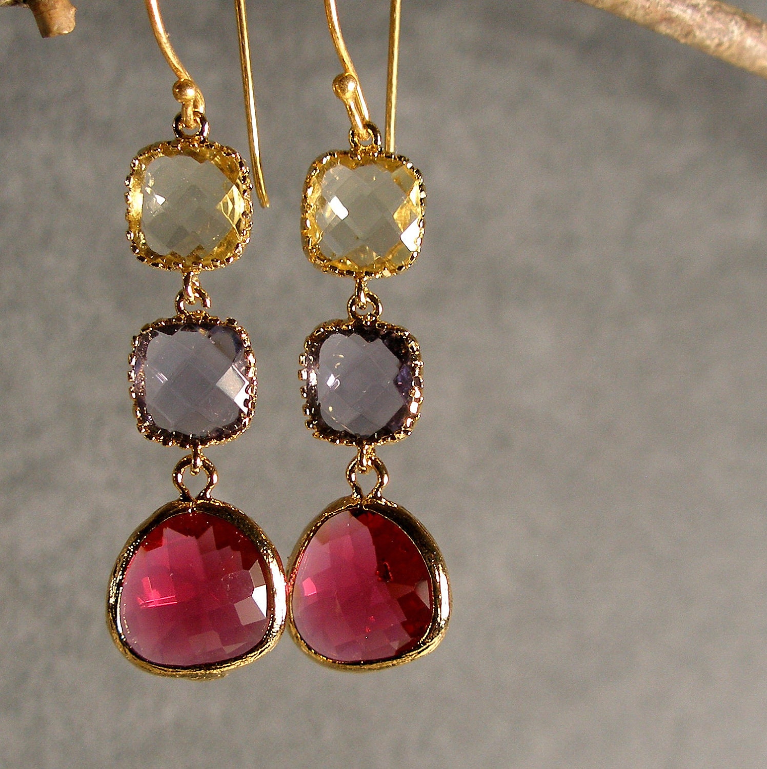 Jonquil Tanzanite Fuchsia Glass Gold Bridesmaid Earring, Wedding Earrings, Bridal Earring, Gold Earrings, Bridesmaid Gift (3878W)