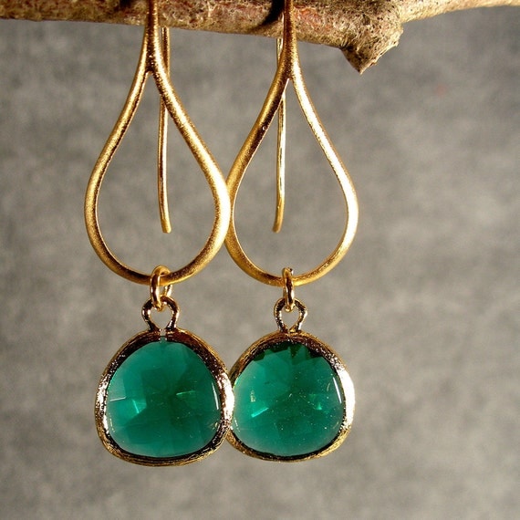 Bridesmaid Earrings, Gold Earrings, Teal Green Glass Contemporary Gold Earrings, Wedding Earrings, Bridesmaid Jewelry (3805W)