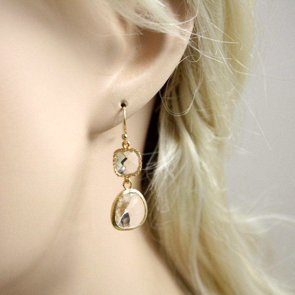 Crystal Two-Tier Glass Gold Earrings, Gold Bridesmaid Earring, Gold Earrings, Wedding Earring, Bridesmaid Jewelry (4252Wx)