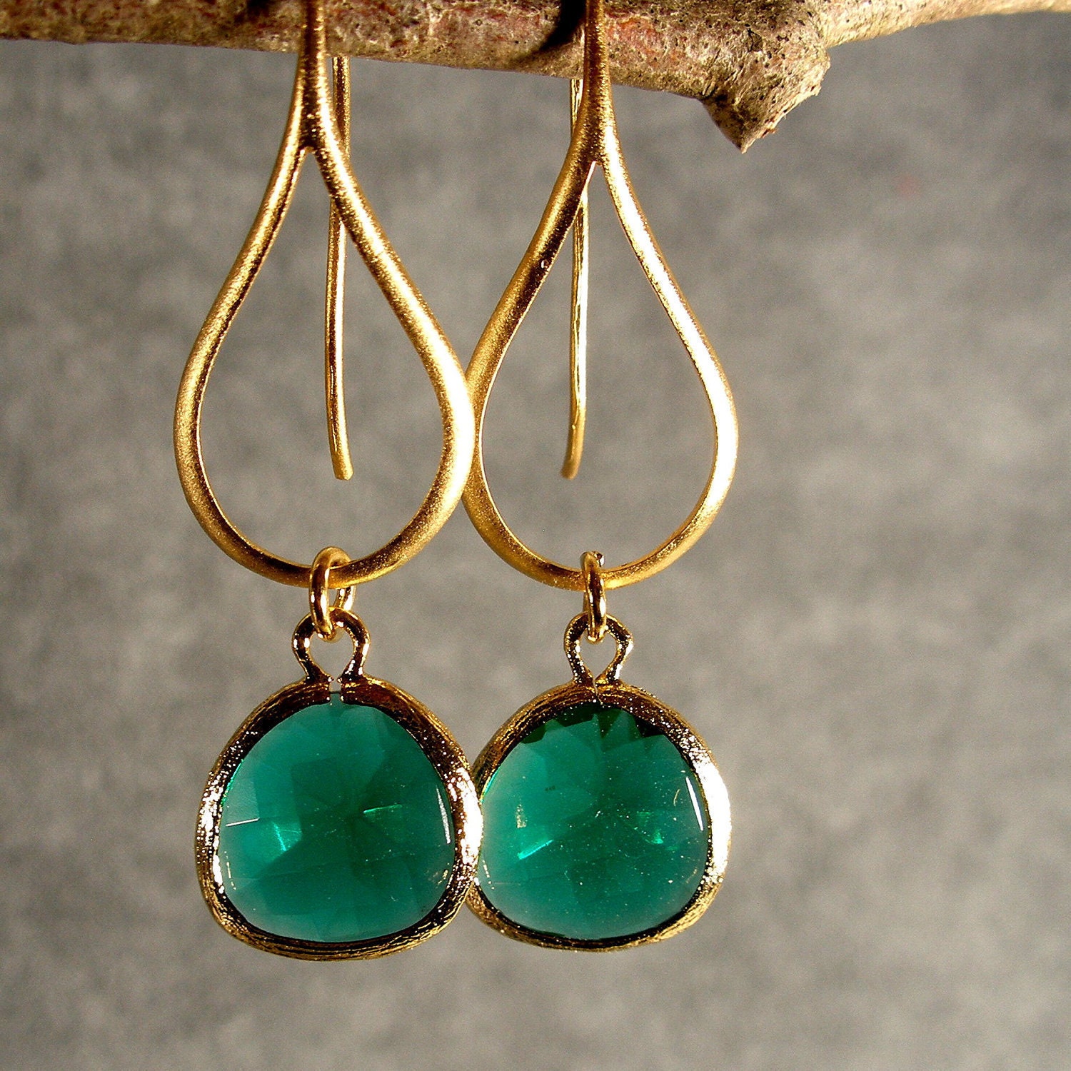 Bridesmaid Earrings, Gold Earrings, Teal Green Glass Contemporary Gold Earrings, Wedding Earrings, Bridesmaid Jewelry (3805W)