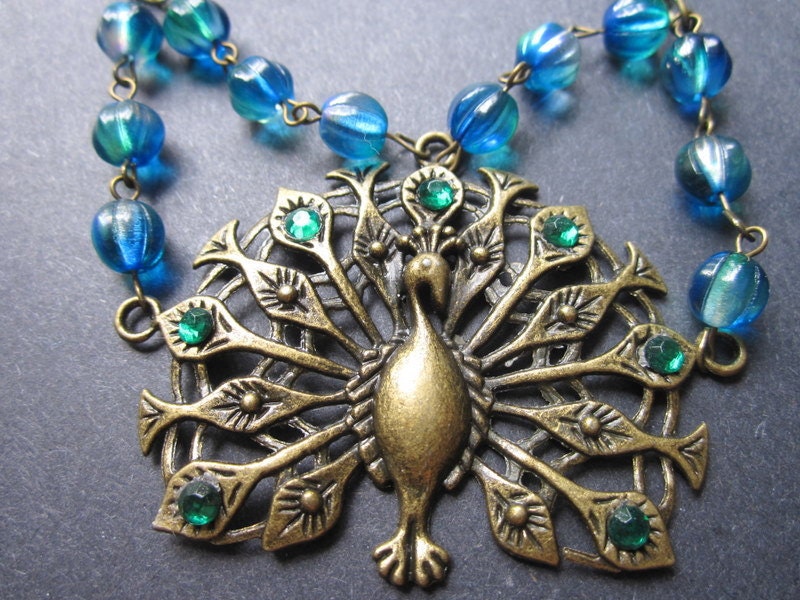 Victorian Steampunk Wedding, Peacock Necklace, Vintage Antiqued Brass Rhinestones by MinouBazaar