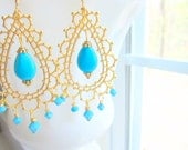 Bollywood Earrings Morocco Bridal Turquoise Gold Lace by MinouBazaar