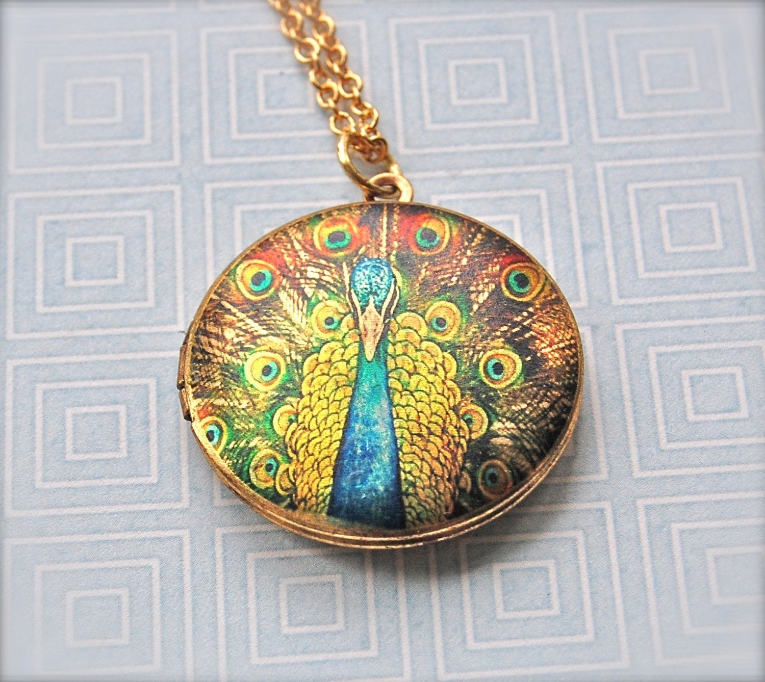 Peacock Feathers Locket Necklace Screen Print Art Photograph Blue/Green