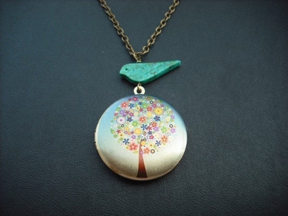 flower tree locket with turquoise bird necklace