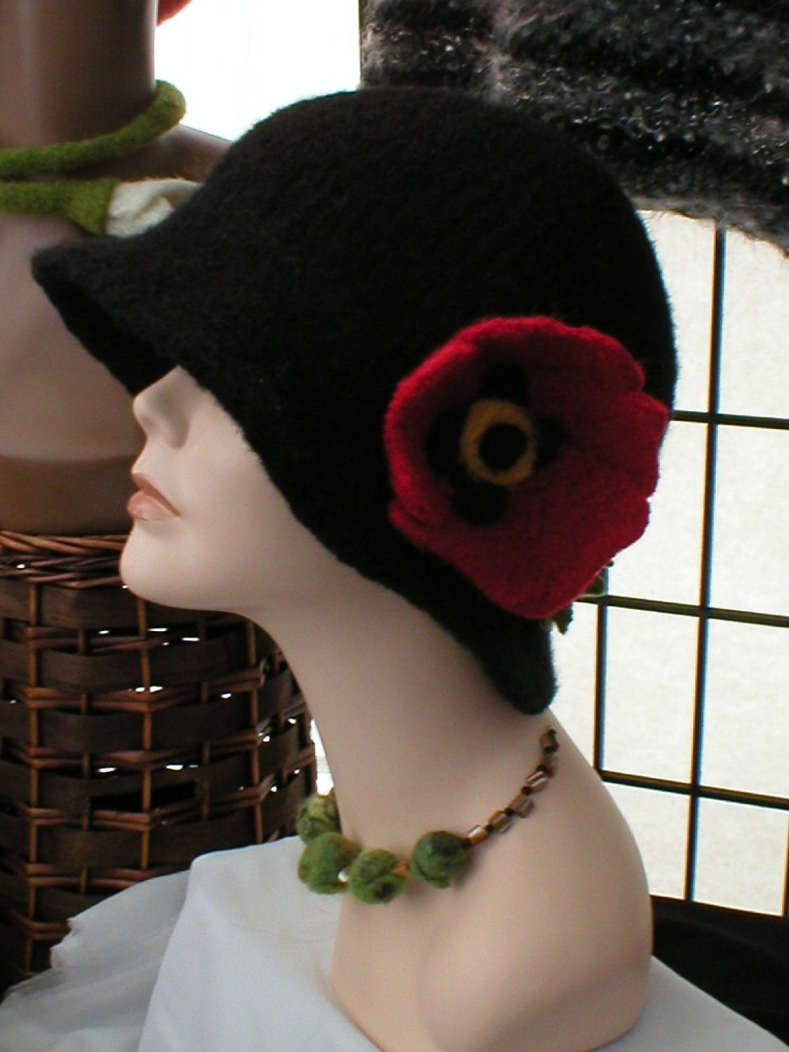 Hand Knit & Felted Black Hat with Red Poppy