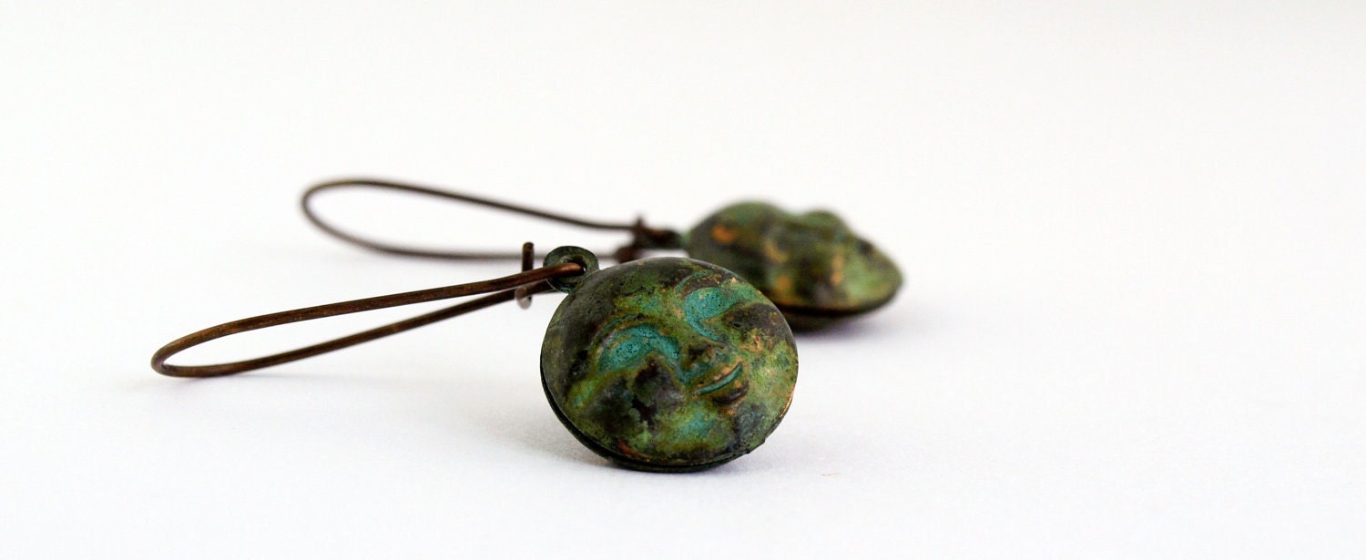 Moon Face Earrings in Verdigris Patina Brass