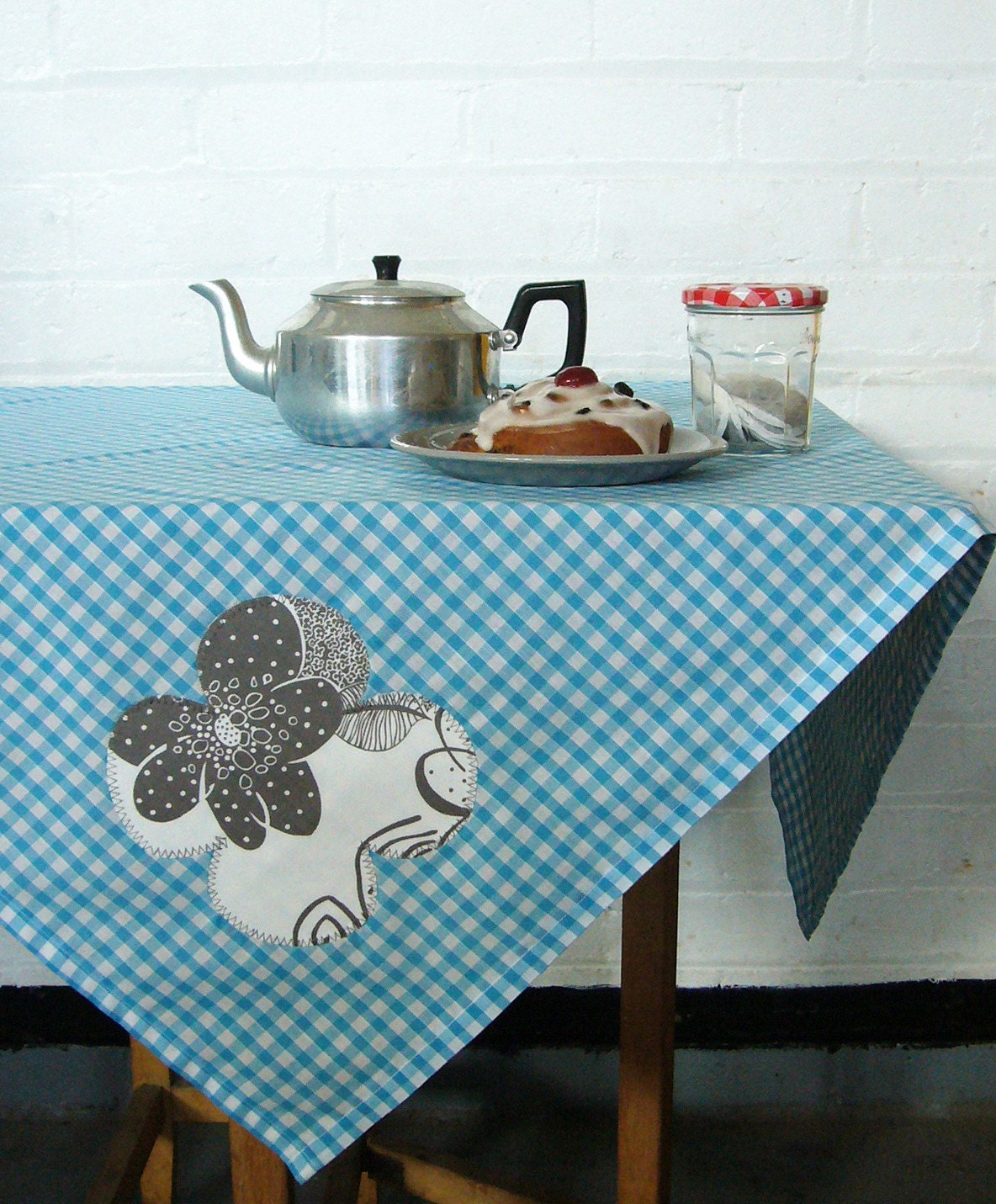blue skies and grey petals square gingham picnic tablecloth