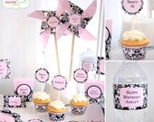 Non-Personalized Printable "Damask and Light Pink" Party Kit with Banner- Instant Download